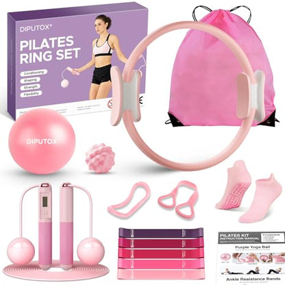 Pilates Ring Kit for Women, Pilates Equipment Accessories, Home Workout Set with Magic Circle, Mini Exercise Ball, Ankle Resistance Bands & Yoga Socks, for Fitness, Toning & Better Me Gifts - size: 14 Count(Pack of 1)