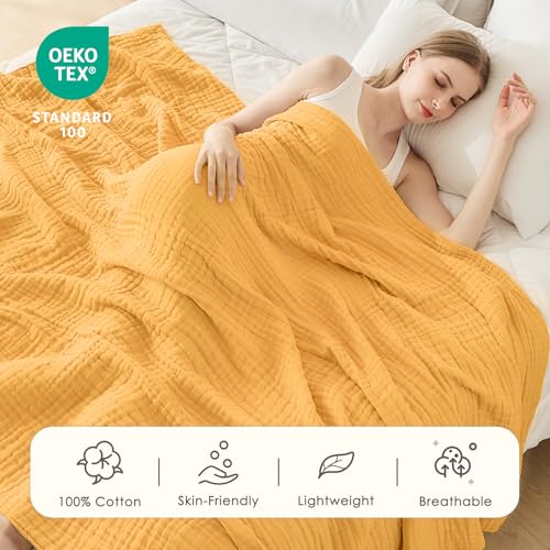 EMME Cotton Muslin Large Throw Blanket Couch Breathable Gauze Soft Lightweight Bed Blankets Adults (Heather Yellow, 50"x70") - color: 12 - Yellow, size: Large Throw (50" X 70")