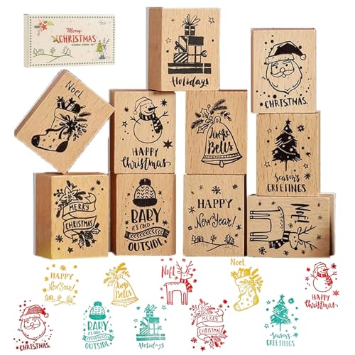 Wooden Rubber Stamp Set, Wood Stamps for Journal, Diary, Scrapbook, Planner, Letter, DIY Craft, Card Making (Chrismas) - color: Chrismas