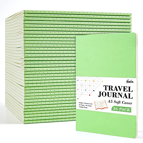 36 Pack Soft Cover Journal Bulk, Feela Lined Blank Travel Journal for Women Men Writing, Notebooks College Ruled for Work, Note Taking Notebook School Business Supplies, 8.2” x 5.5”, A5, Light Green - color: 36 Light Green