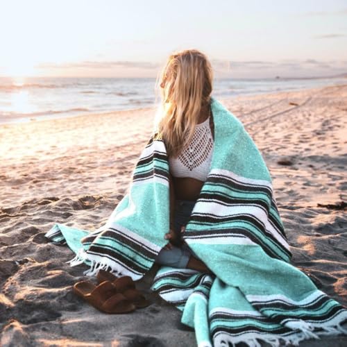 Open Road Goods Mexican Diamond Blanket - XL Heavyweight Yoga Blanket – Handmade in Mexico - Thick Boho Serape Saltillo Style Throw for Beach, Picnic, Home, Camping and More! (Mint & Black) - color: Mint & Black