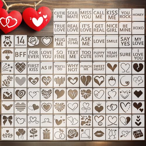 Fainne 100 Pcs 2 Inch Heart Stencils Small Stencils for Painting | Reusable Craft Stencils, DIY Scrapbook, Wood Wall Fabric Rock Chalkboard Sign Painting, Home Art Decor Projects - style: Conversation Heart