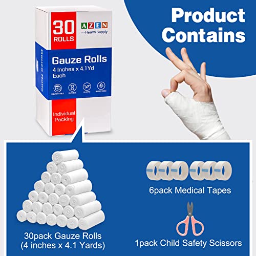 AZEN 60 Pack Gauze Rolls Bandages, 4 in x 4.1 Yards - color: 30p, size: 4IN (Pack of 2)