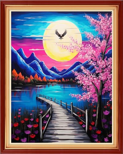 Funchey Stamped Cross Stitch Kits, DIY Cross Stitch Pattern for Adults Beginners Needlepoint Kits Embroidery Kit Arts and Crafts 11CT-Moonlight Peach Blossoms 16x20 inch - color: Handicraft patterns16