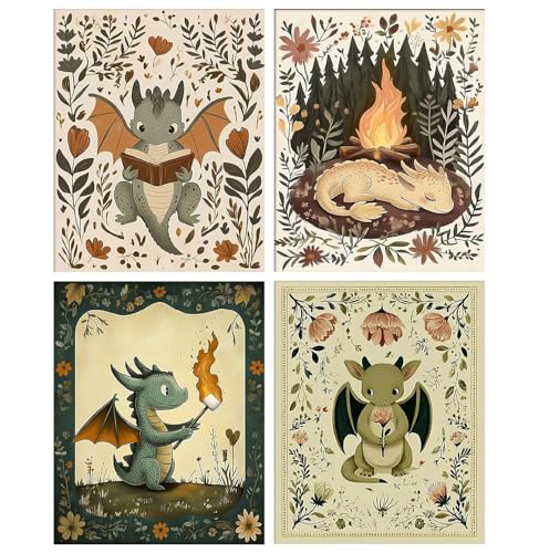 4 Pack Diamond Art Kits for Adults Funny Diamond Painting Kit for Beginner | Dragon 5D DIY Cute Vintage Diamond Dots Full Drill Crafts for Gem Art Dot Art for Adults Home Wall Decor for Teens 12x16 in - color: DP03295