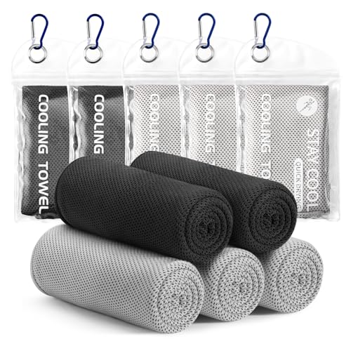 Cooling Towels - 5 Pack Gym Towels, Gym Towel for Working Out, Yoga Towel | Microfiber Breathable Mesh Fabric, Large Size: 40"L × 12"W, Reusable & Easy To Clean, Equipped With Waterproof Storage Pouch - color: Black/Black/Grey/Grey/Grey