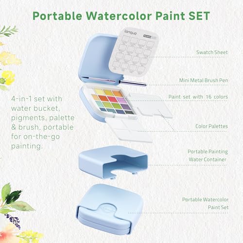 Mini Watercolor Paint Set 16 Colors, Travel Art Kit All-in-One | 3 Water Brush Pens, 1 Detail Pen, 2 Palettes, 1 Watercolor Book, 1 Bottle, for Travel, Outdoor Sketching (Chinese Color) - color: Chinese Color