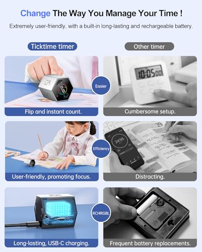Ticktime T6 Pomodoro Timer Cube for Focus, Study, Work, Task, ADHD, Kitchen - color: Silver