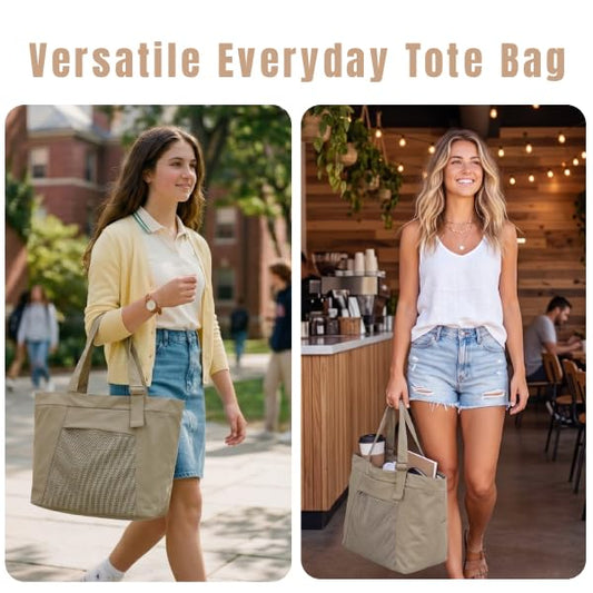Travel Tote Bag for Women, Large Nylon Bag with Yoga Mat Strap and Luggage Sleeve,Shoulder Bag for Daily Use - color: Khaki