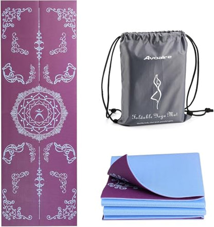 Avoalre Folding Yoga Mat, Eco-Friendly PVC Travel Yoga Mat Packable, Double Sided Non-Slip Printed Yoga Mats with Bag for Home Workout Gym Exercise Fitness Pilates Stretching (72" x 24" x 1/5" Thick) - color: Purple