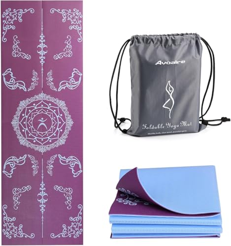 Avoalre Folding Yoga Mat, Eco-Friendly PVC Travel Yoga Mat Packable, Double Sided Non-Slip Printed Yoga Mats with Bag for Home Workout Gym Exercise Fitness Pilates Stretching (72" x 32" x 0.24" Thick) - color: Purple
