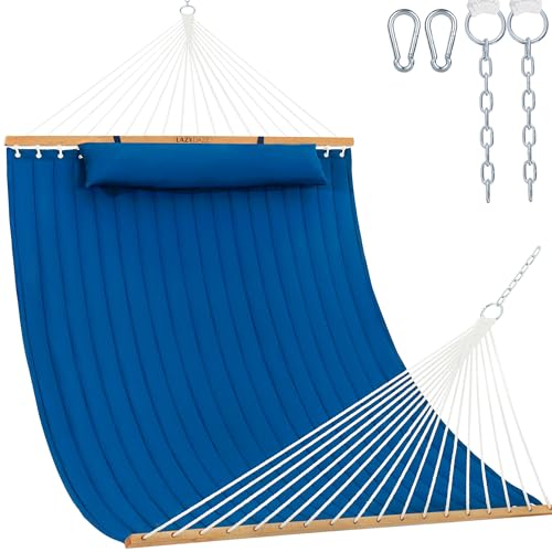 Lazy Daze 12 FT Double Hammock with Spreader Bar for Outside, Bright Blue | 2 Person Heavy Duty Hammock with Detachable Pillow and Carabiners for Outdoor Backyard Poolside, 450lbs Weight Capacity - color: Bright Blue