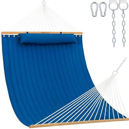 Lazy Daze 12 FT Double Hammock with Spreader Bar for Outside, Bright Blue | 2 Person Heavy Duty Hammock with Detachable Pillow and Carabiners for Outdoor Backyard Poolside, 450lbs Weight Capacity - color: Bright Blue