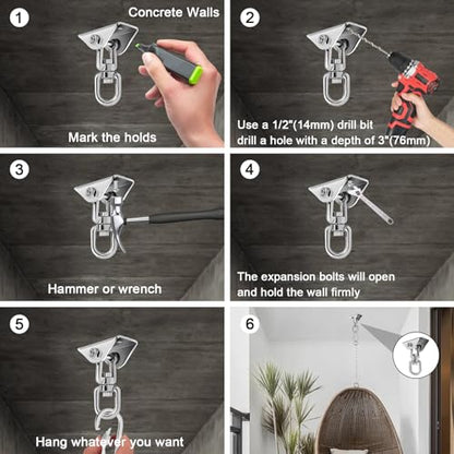 Hammock Hanging Kit Heavy Duty 360° Rotating Hanging Swing Hooks Stainless Steel Hammock Chair Hanging Kit Swing Ceiling Hook Snap with 1200LB Capacity for Yoga, Gym, Wood, Concrete (Silver) - color: Silver