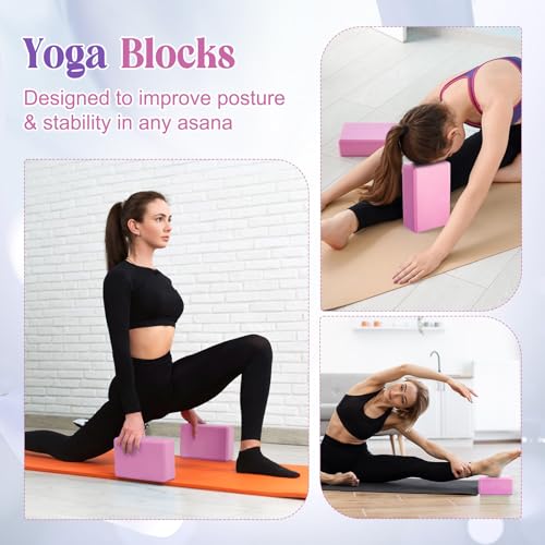 RoundFunny 5 Pcs Yoga Blocks Knee Pads Yoga Strap Set Soft Premium Foam Blocks Accessories for Pilates Meditation General Fitness Stability, Kneeling, Balance, Deepen Stretches and Toning - color: Pink