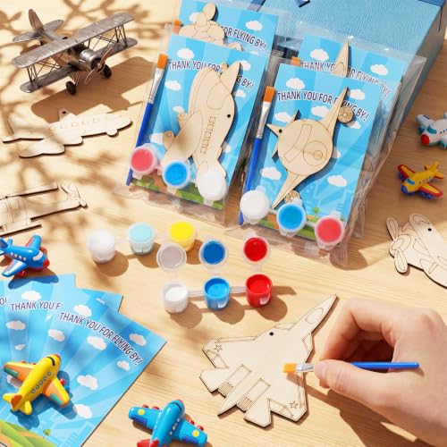 Saypacck 24 Pcs Airplane Party Favors Wooden Paint Craft Kits | DIY Painting Activity for Kids Parties, Includes Paints and Brush per Set, Goodie Bag Stuffers, Aviation Theme Projects - style: Airplane
