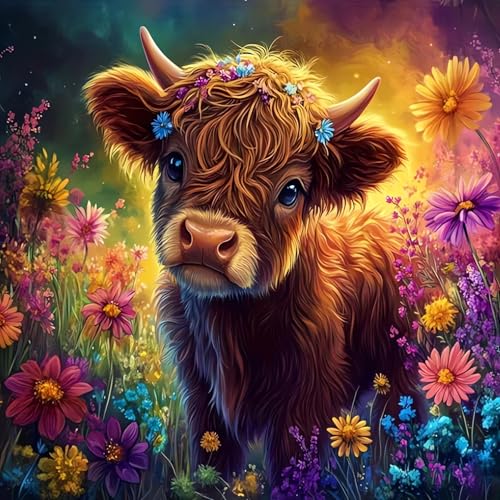 Cow DIY Diamond Art Kits for Adults, Flowers 5D Diamond Painting Kits | Gem Painting, Dimond Art Paintings Kit, Full Drill Diamond Dot for Home Wall Decor 14 X 14 Inch - color: CM071