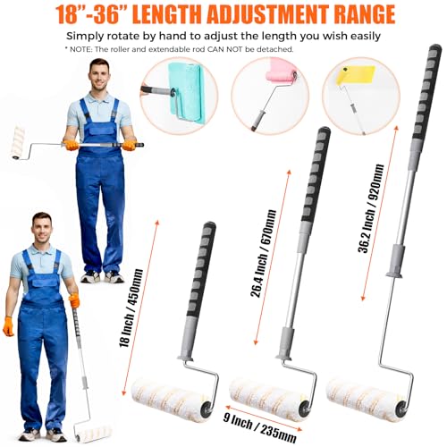 6pcs House Paint Roller Kit, 9 inch Extendable Roller Frame with 5 Microfiber Roller Covers 1/2" Nap, Adjustable Painting Roller (18" - 36") for Walls, Ceilings, Floor, Home Painting Supplies
