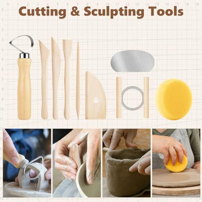 UUSYCUN 52PCS Pottery Tools for Sculpting, Ceramics Clay Tools for Pottery Kiln, Pottery Wheel, Trimming, Carving, Modeling, Beginners, Polymer Clay, Air Dry Clay, Pros, Adults, Crafting Supplies - color: Wood-52PCS