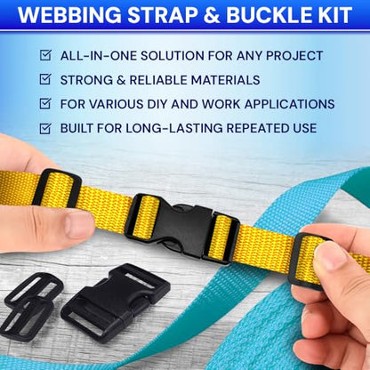 TECEUM 1" Nylon Strap Kit with Buckles, Honey Yellow 6 yards Repair Set | Heavy duty hardware kit: 6yd webbing, 6 quick release buckles, 12 tri-glide slide clips, 6 metal D-rings for crafting. - color: Honey Yellow, size: 1" - 6 yards, style: 6 Buckle - 1