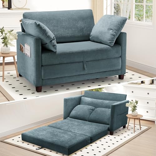 Myroyalsit 51" Convertible Loveseat Sofa Bed, 2-in-1 Folding Sofa Bed with 2 Pillow for Small Spaces, Modern Loveseat Sleeper Couch for Apartment, Living Room & Guest Room (Light Blue) - color: Light Blue, size: 51"