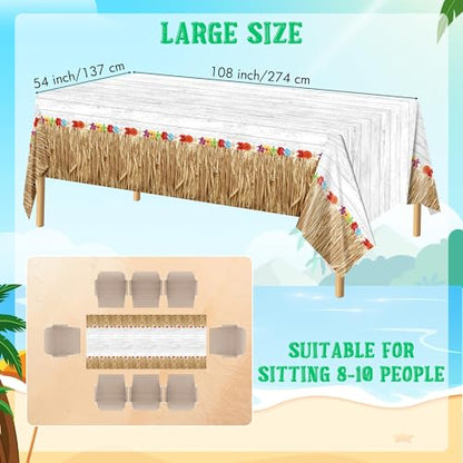 Kochorie 2 Pack Hawaii Luau Grass Tablecloth 54 x 108 Inches Waterproof Plastic Hawaiian Brown Grass Table Skirt with Raffia Libiscus Flowers Table Cover for Summer Tropical Party Decorations - style: Hawaii Luau Grass