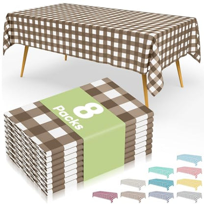 Smiry 8 Packs Gingham Disposable Table Cloth, 54 x 108 Inch Waterproof Plastic Tablecloth, Rectangle Brown and White Checkered Table Covers for Picnic, Birthday, Party - color: Brown and White, size: 54"x108" (Pack of 8)