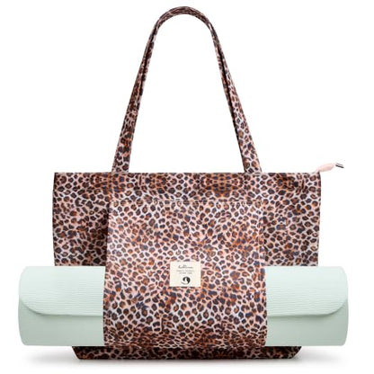 WLLWOO Yoga Mat Carrier Bag for Women Canvas Carryall Tote Gym Pilates | Large Holder Zipper Shoulder for Beach Travel Workout Fitness Office - color: Brown Leopard