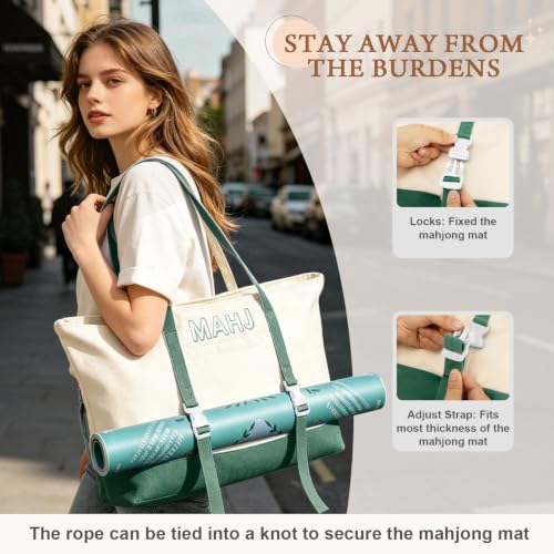 Mahjong Bag Storage Carrying Case for Tiles with Shoulder Strap (Green) | 3-Bag System, External Mat Strap, Large Capacity, Lightweight Canvas, Reinforced Stitching, Fast Packing. - color: Green
