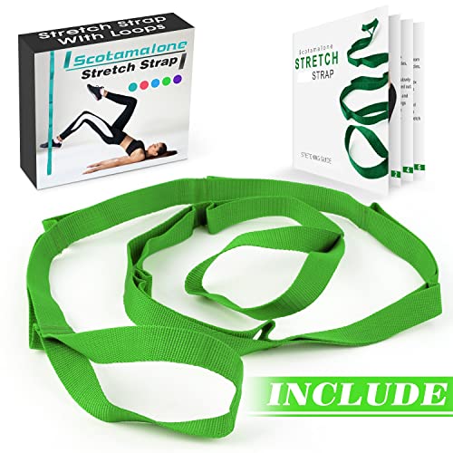 Scotamalone Stretching Strap Yoga Strap Physical Therapy for Home Workout, Exercise, Pilates and Gymnastics, 10 Loops Non-Elastic Stretch Bands with Aesthetic Packaging for Women & Men - color: green
