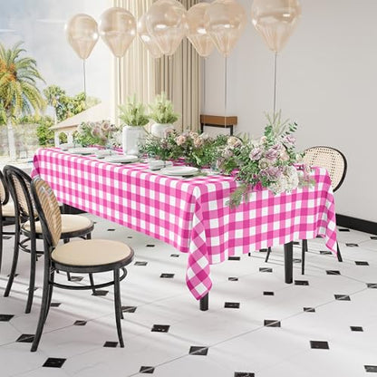 Smiry 8 Packs Gingham Disposable Table Cloth, 54 x 108 Inch Waterproof Plastic Tablecloth, Rectangle Hot Pink and White Checkered Table Covers for Party, Birthday, Picnic, Banquet - color: Hot Pink and White, size: 54"x108" (Pack of 8)