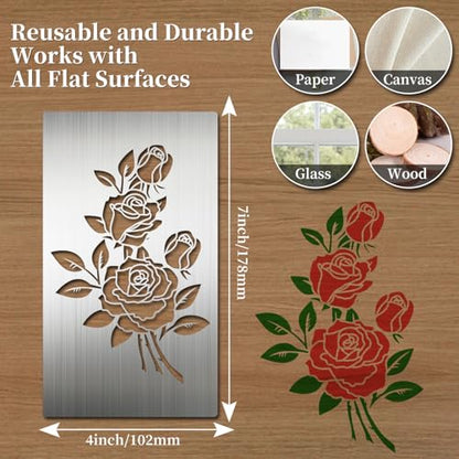 Eageus 8 Pcs Metal Stencils Wood Burning Stencil Lettering Stencils for Painting, Reusable Sunflower Flower Template for Wood Carving Drawing Engraving Journal Craft(Plant Style) - style: Plant Style