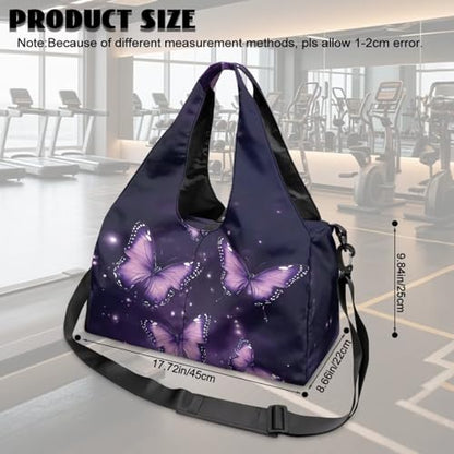 Gym Bag with Yoga Mat Holder Large Tote Bag With Multi Pockets for Women Men Dry Wet Separated Pocket Carryall Yoga Tote Bag for Pilates Travel Workout Office - color: Butterfly purple