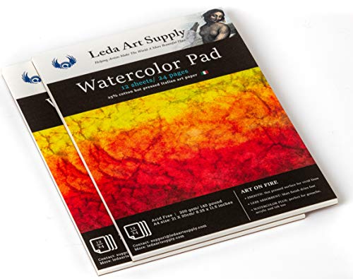 Leda Art Supply Hot Pressed Watercolor Pad Jumbo 2 Pack (24 Sheets) 300 Gram - 140 Pound 25% Cotton fine Italian Art Paper with Smooth Surface for Professional renderings (A3 Size 11.5 x 16.5 inches) - size: 11.5 x 16.5 inches