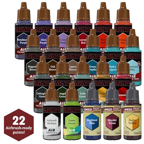 The Army Painter, Warpaints Air Most Wanted Paint Set, 22 x 18 ml | 19 Acrylic Airbrush Paints, incl. 2 Metallics, 1 Fluorescent, 1 Medium & 3 Speedpaints - For Models and Miniature Painting - color: Air Most Wanted Set