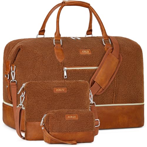 ITIEZY Weekender Bag for Women 21.5" Travel Duffel Large Carry On Bag 3PCS | Nylon Duffel Bag with Waterproof Shoe Compartment, Crossbody Bag and Toiletry Bag, Travel Weekend Hospital Overnight Gym Bag - color: 8a-Brown