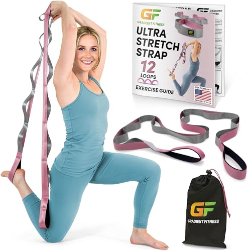 Gradient Fitness Stretching Strap for Physical Therapy, 12 Multi-Loop Stretch Strap 1.5" W x 8' L, Neoprene Handles, Physical Therapy Equipment, Yoga Straps for Stretching, Leg Stretcher. - color: Pink/Grey