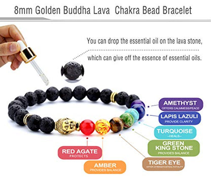 Men Women 8mm Lava Rock 7 Chakra Beads Chakra Bracelet - color: Golden Buddha