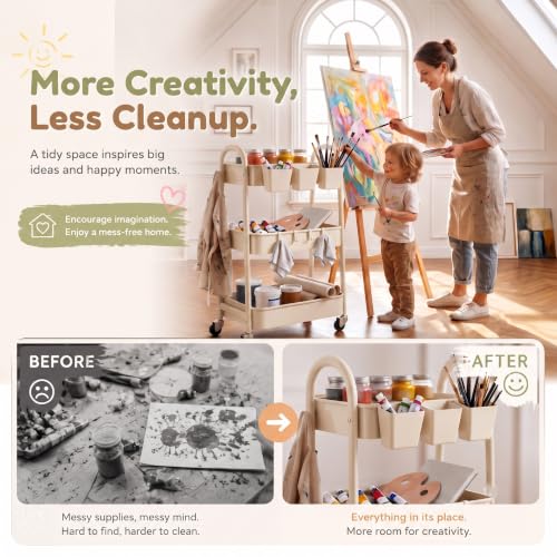 Beige 3 Tier Rolling Cart Metal with Wheels,Tan Three Tiered Bedside Carts | Utility Storage Organizer Trolley on Wheels for Art, Craft, Diaper Caddy,Nursing,Postpartum,Baby Essentials,Bathroom Supplies - color: Light Beige