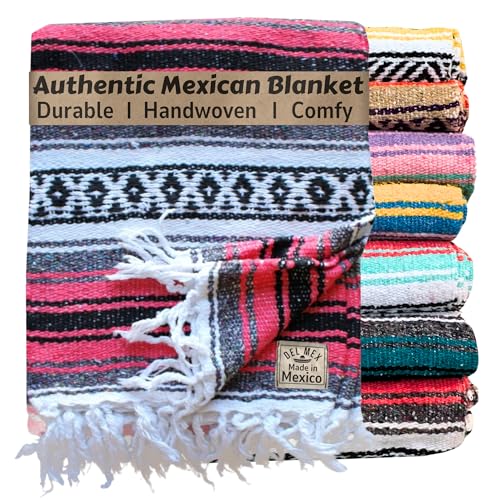 Del Mex Classic Mexican Blanket, Large Authentic Woven Falsa Throw (70"x50"), Artisan Southwest Décor for Beach, Yoga, Outdoors (Salmon) - color: Salmon