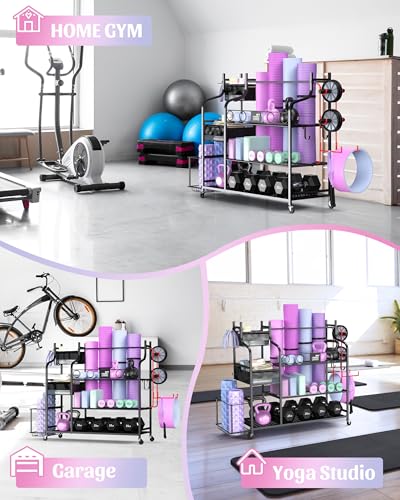 Mythinglogic Home Gym Storage Rack with Wheels for Dumbbells and Yoga Mats - color: Black