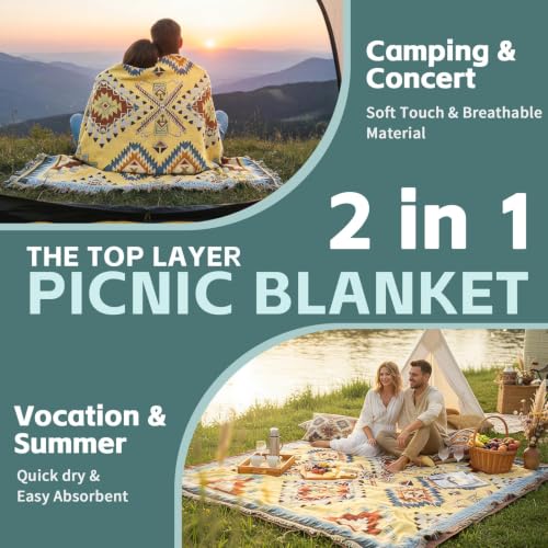 RYCHIC 2 in 1 Extra Large Camping Blanket Outdoor Rug Picnic Yoga Mat Lightweight Car Essential Roadtrip Gadget Rv Accessories Glamping Gear Must Haves Hiking Backpacking Necessities Women Beach Gift - color: Boho Yellow