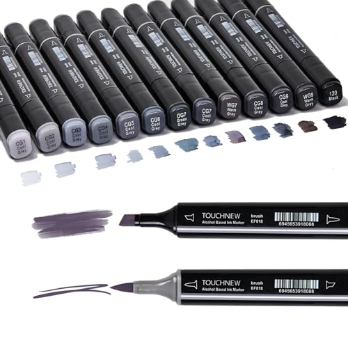 13Pcs Alcohol Markers Pure Color Series,Black Pen Barrel Dual Tip Soft Art Solid Color Markers Set for Adults Beginner Drawing Sketching (Grey) - color: Grey