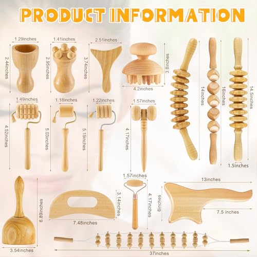 Boao 16-in-1 Wood Therapy Massage Tools Set, Lymphatic Drainage Massager | Maderoterapia Kit Therapy Tools, Body Sculpting, Muscle Pain Relief, Women Face Wood Roller Fascia Gift Spa Party Supplies