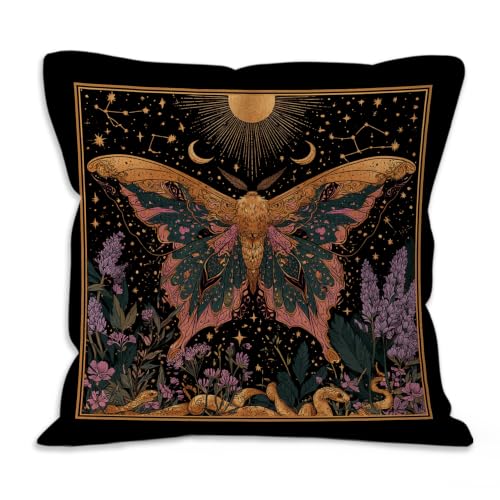 Boho Mystical Moth Floral Throw Pillow Covers 18x18 Home Decor | Dark Cottagecore Moon Gothic Witchy Butterfly Decorative Pillow Covers for Bedroom Living Room Decor, Moth Gifts for Women - color: Moth-1
