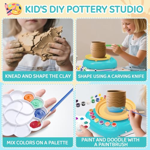 Pottery Wheel for Kids, Complete Kit with Air-Dry Clay, Ages 8-12 | Beginner pottery kit with air-dry clay, 12 paints, clay tools and apron - no kiln needed, screen-free craft gift ages 8-12 - color: Blue