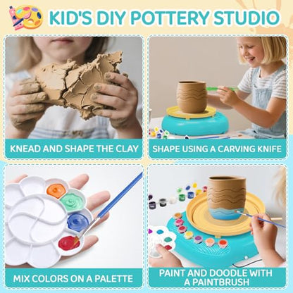 Pottery Wheel for Kids, Complete Kit with Air-Dry Clay, Ages 8-12 | Beginner pottery kit with air-dry clay, 12 paints, clay tools and apron - no kiln needed, screen-free craft gift ages 8-12 - color: Blue