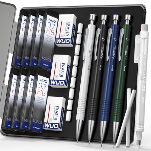 WUO 0.7 mm Mechanical Pencils with Eraser Pen Storage Case, 4 PCS | Metal Drafting Pencil Set, 480 HB Lead Refills, 3x4B Erasers, 11 Eraser Refills for Artist Writing Drawing Sketching - color: Multicolor2 - 0.7mm (4 Pack)