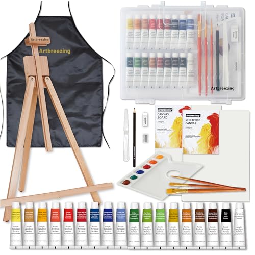 Artbreezing Acrylic Painting Kit with Art Easel,All-in-One Art Supplies | 31PC Painting Supplies with Canvas,Tabletop Easel for Painting,Brushes etc.Ideal Giftable Holiday Set for Kids and Adults.