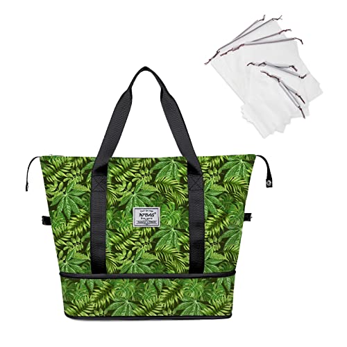 NPBAG Women Travel Duffel, Multi Functional Large Expandable Weekender Carry-on Tote, Gym Workout Overnight Bag, Mommy Hospital Bag for Labor and Delivery - color: Basic-Green Leaves, style: Basic Version